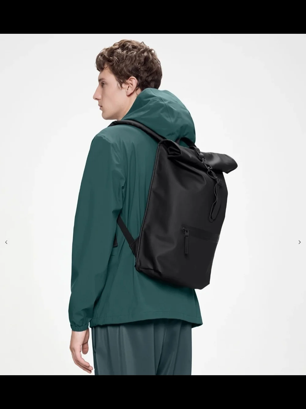 Rains Black Roll-Top Backpack with Front Zip